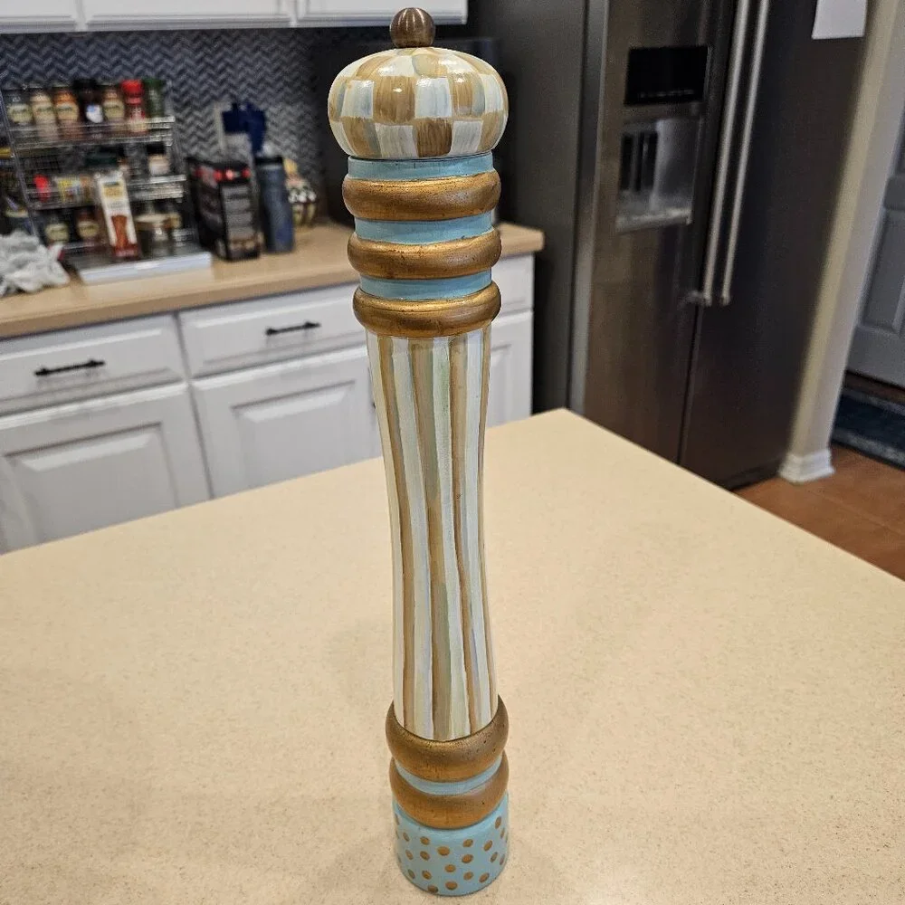 RARE RETIRED MACKENZIE CHILDS TALL PARCHMENT CHECK WOOD SALT PEPPER MILL GRINDER